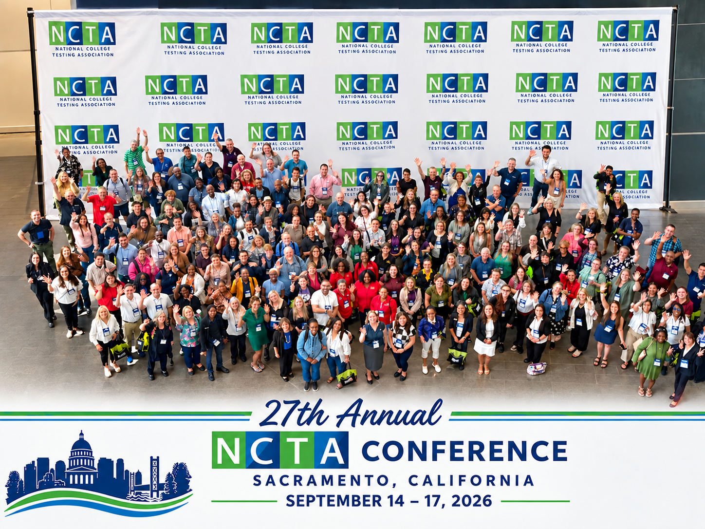 Large group of attendees waving at the 27th Annual NCTA Conference in Sacramento, California.