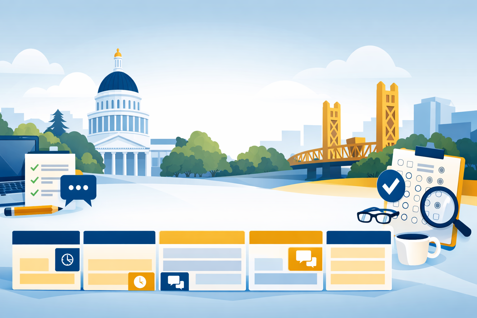 **Alt text:** Illustrated banner of Sacramento featuring the California State Capitol and Tower Bridge in the background, with conference-themed icons like a laptop, checklist, exam sheet, magnifying glass, and calendar-style schedule blocks representing a conference agenda.
